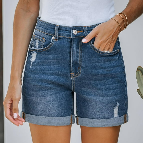 Chbgutlmr Jean Shorts for Women Ripped rolled Hem High Rise Shorts with Pockets Casual Summer Comfy Dailywer Denim Shorts