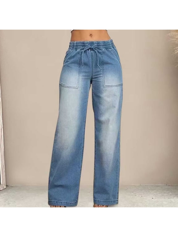 Jeans Pants for Women Drawstring Elastic Waisted Straight Leg Mid Rise Trousers Casual Summer Denim Pants