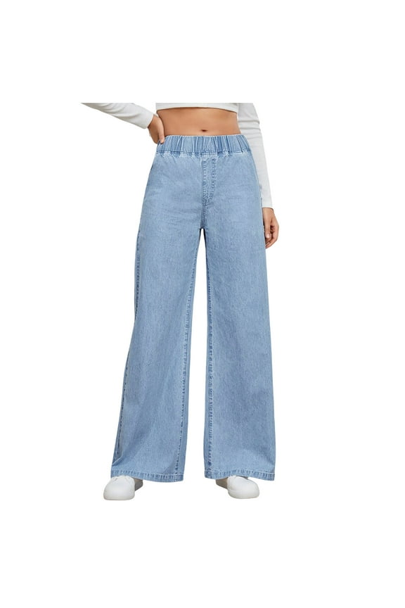 Jeans Pants for Women Wide Leg Elastic High Waist Loose Casual Stretch Fall Denim Trousers