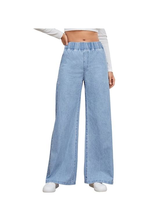 Jeans Pants for Women Wide Leg Elastic High Waist Loose Casual Stretch Fall Denim Trousers