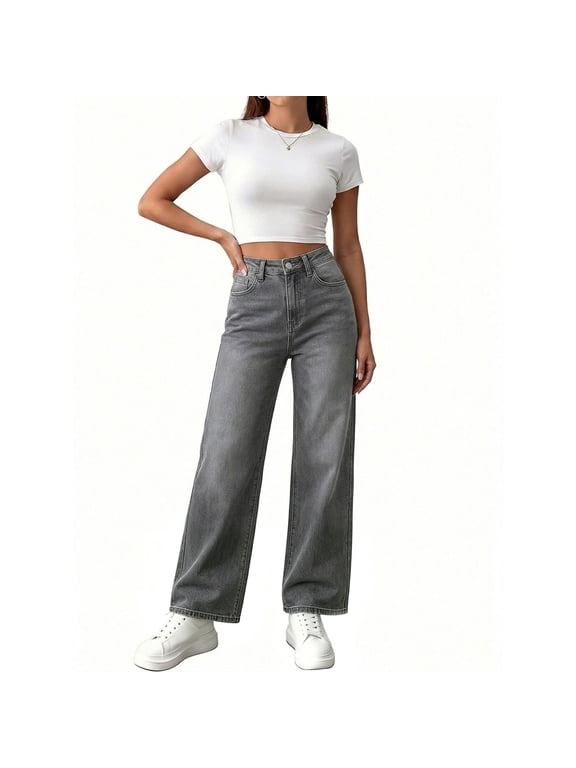 Jeans for Women Flat Front High Waist Straight Leg Denim Pants Casual Loose Trendy Trousers with Pockets