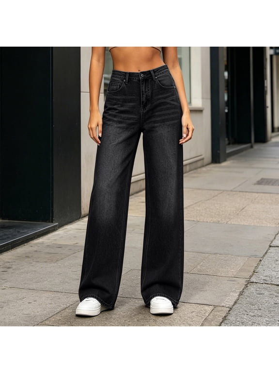 Jeans for Women Flat Front Straight Leg High Rise Palazzo Denim Pants Casual Trendy Pants with Pockets