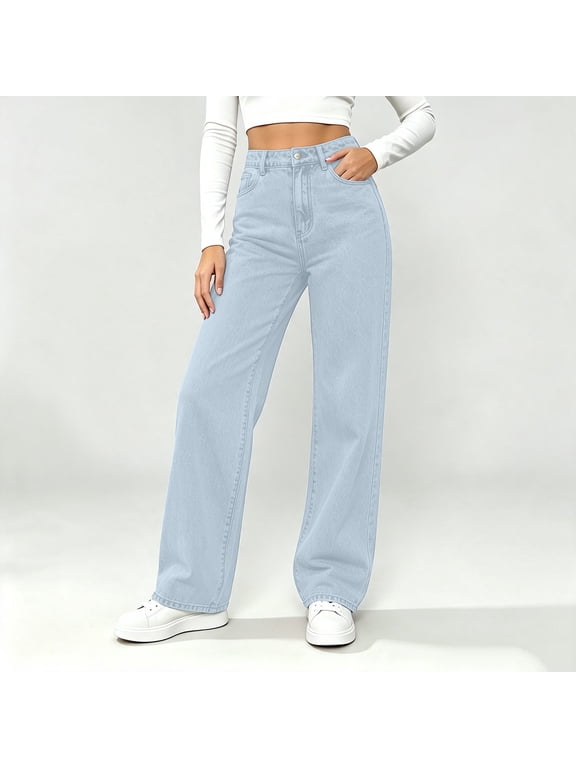 Jeans for Women High Waist Straight Leg Flat Front Denim Pants Casual Loose Trendy Solid Pants