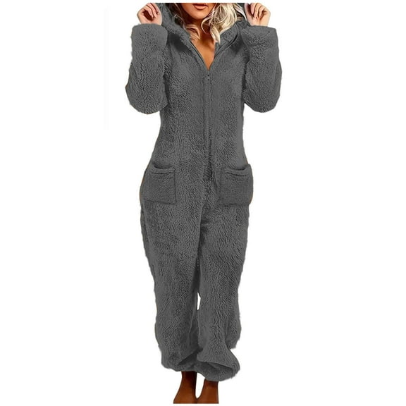 Chbgutlmr Jumpsuits for Women Winter Fleece Warm Onesie Pajamas Half Zipper Thermal Comfy Homewear Fuzzy Hooded Playsuit