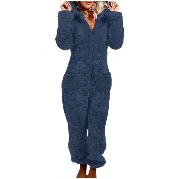 Chbgutlmr Jumpsuits for Women Winter Fleece Warm Onesie Pajamas Half Zipper Thermal Comfy Homewear Fuzzy Hooded Playsuit