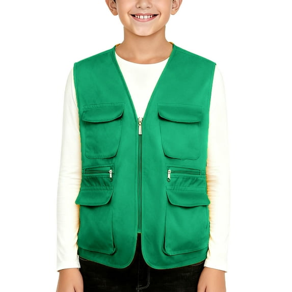 Chbgutlmr Kids Cargo Explore Vest Outdoor Activity Vests Sleeveless V Neck Full Zipper Tops with Multi Pockets Casual Travel Outwear