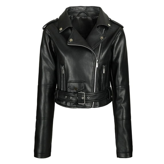 Chbgutlmr Leather Cropped Jacket for Women Zipper Asymmetric Jackets Lapel Neck Belted Outerwear