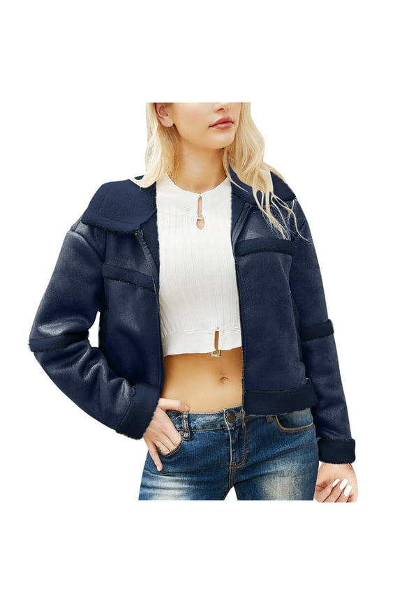 Leather Jacket Women Fleece Lined Cropped Jackets Thick Windbreaker Motorcycle Streetwear