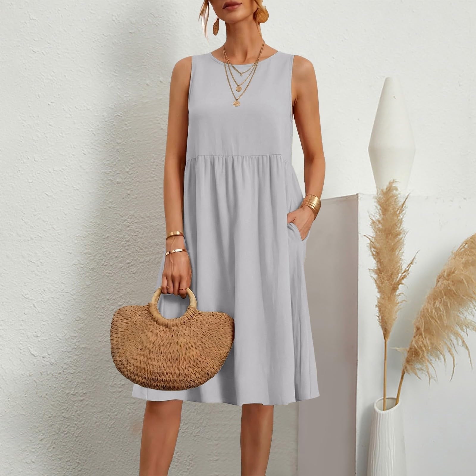 Chbgutlmr Linen Midi Dresses for Women Sleeveless Crew Neck Ruched A ...