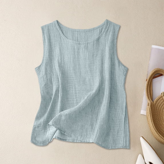 Chbgutlmr Linen Tank Tops for Women Sleeveless Scoop Neck Loose Fitted Shirts Casual Summer Lightweight Solid Tops