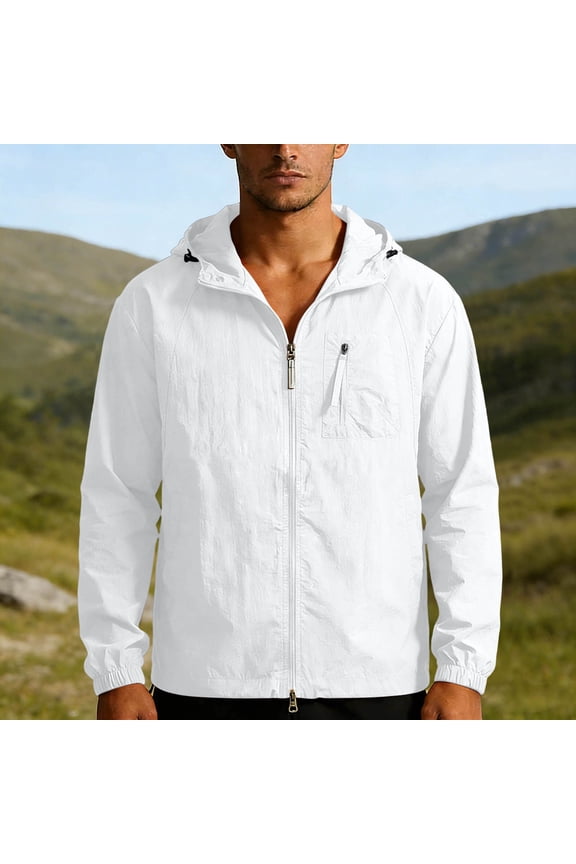 Long Sleeve Jackets for Men Full Zipper Regular Fitted Hooded Tops Casual Sunproof Plain Lightweight Tops(2XL,White)