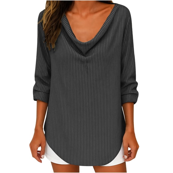 Chbgutlmr Long Sleeve Shirts for Women Cotton Linen Cowl Neck Stripe Printed Loose Lightweight Casual Tops