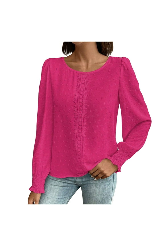 Long Sleeve Shirts for Women Lace Crewneck Business Casual Tops Smocked Ruffle Work Blouses