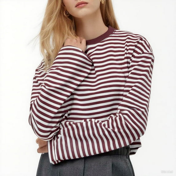 Chbgutlmr Long Sleeve Shirts for Women Loose Casual Crew Neck Striped Color Block Trendy Blouses Tops Fall