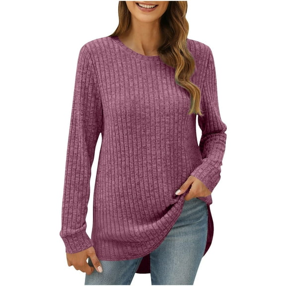 Chbgutlmr Long Sleeve Shirts for Women Ribbed Loose Casual Comfy Crew Neck Blouses Fall Winter Plain Tops