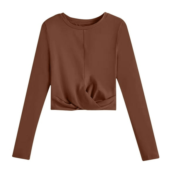 Chbgutlmr Long Sleeve Shirts for Women Slim Comfy Crop Tops Knot Front Crewneck Going out Shirt Trendy