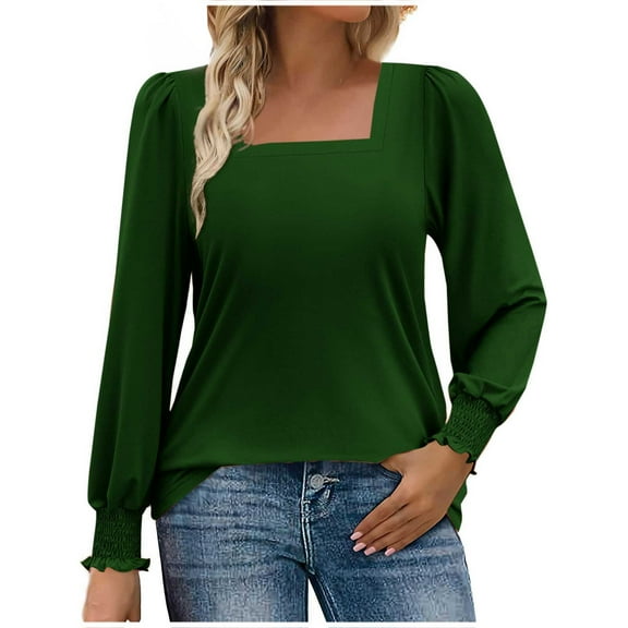 Chbgutlmr Long Sleeve Shirts for Women Square Neck Smocked Ruffle Loose Comfy Casual Workwear Blouses Tops