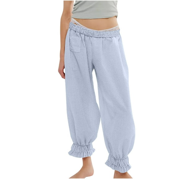 Chbgutlmr Lounge Pants Women Striped Printed Elastic Waist Ruffle Bottom Baggy Casual Lightweight Trousers