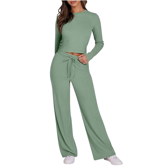 Chbgutlmr Lounge Sets for Women 2 Piece Long Sleeve Crop Tops Drawstring Straight Leg Pants Casual Comfy Set Fall