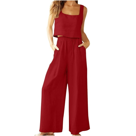 Chbgutlmr Lounge Sets for Women 2 Piece Square Neck Crop Tank Tops Wide Leg Pants Lightweight Summer Outfits