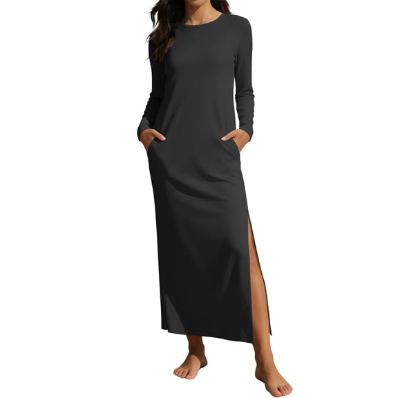 Chbgutlmr Maxi Dress for Women Long Sleeve Crew Neck Slit Hem Shift Dress with Pockets Casual Loose Comfy Beach Vacation Dress