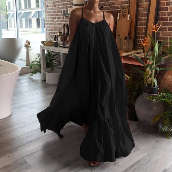 Chbgutlmr Maxi Dress for Women Sleeveless Spaghetti Strap V Neck Ruffled Hem Ruched Cami Dress Casual Loose Summer Flowy Sundress