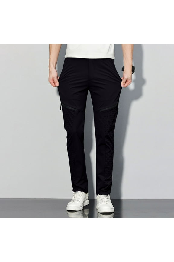 Men Pants Straight Leg Mesh Patchwork High Waisted Trousers Casual Summer Comfy Breathable Pants with Zip Pockets