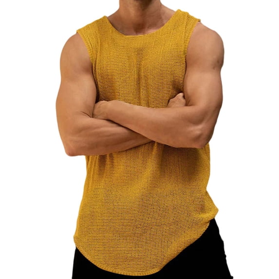 Chbgutlmr Men Shirts Round Neck Sleeveless Fitted Curved Hem Solid Color Breathable Athletic Casual Tops