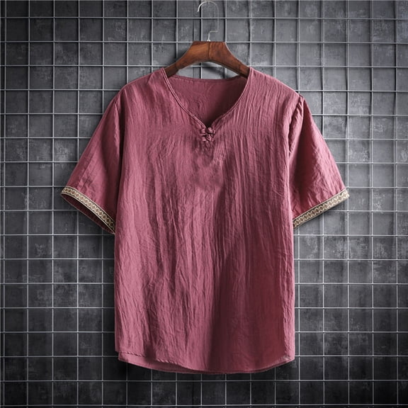 Chbgutlmr Men's Linen Shirts Short Sleeve V Neck Curved Hem Knot Front Blouse Casual Loose Summer Lightweight Breathable Tops