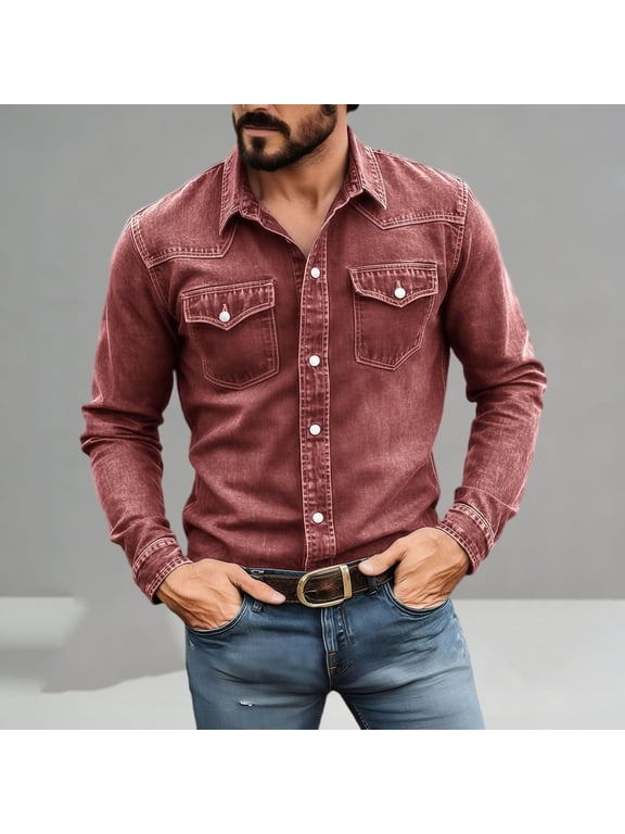 Mens Button down Shirts Long Sleeve Turn down Collar T-Shirts with Pockets Casual Fall Vintage Plain Tops(2XL,Red)