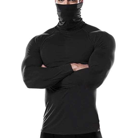Chbgutlmr Mens Long Sleeve Athletic Shirts High Neck Slim Fitted T-Shirts Casual Stretch Solid Color Workout Running Tops(L,Black)