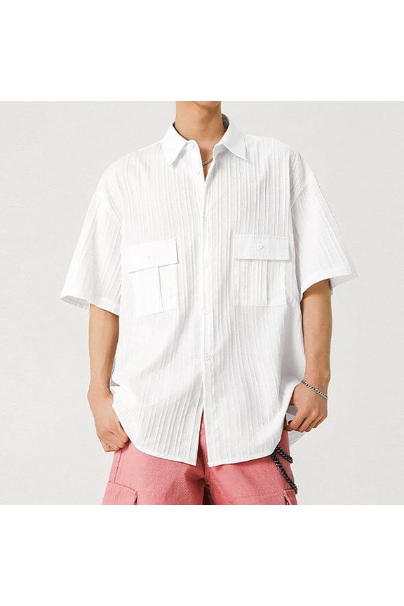 Mens Shirts Elbow Length Sleeve Button down Turn down Collar T-Shirts Casual Loose Summer Tops with Pockets