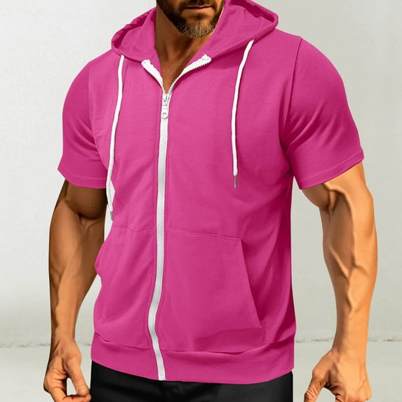 Chbgutlmr Mens Short Sleeve Hoodies Full Zipper Drawstring Jacket Sweatshirt with Pocket Casual Summer Workout T-Shirts