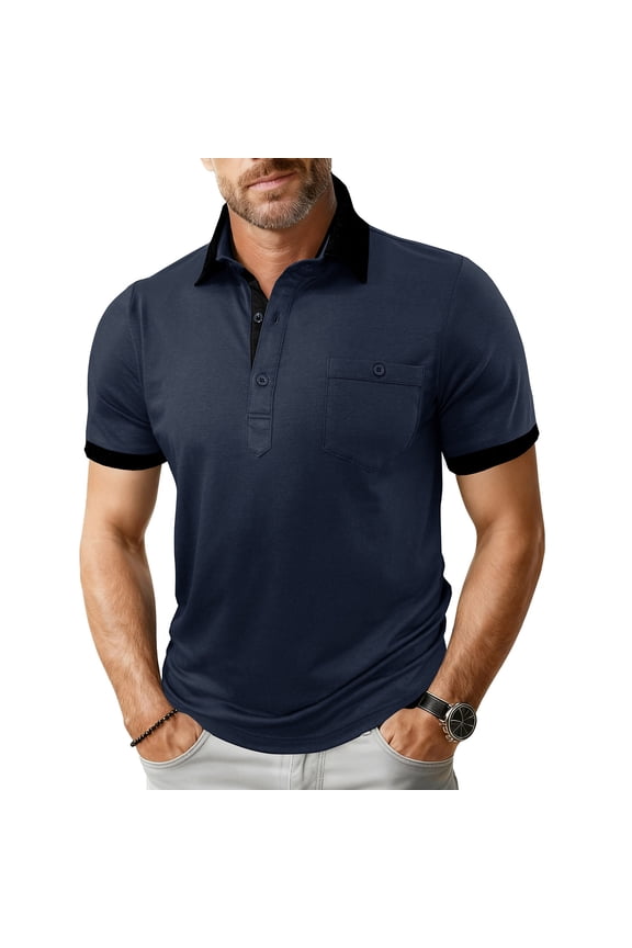 Mens Short Sleeve Shirts Turn down Collar Color Blocked Button T-Shirts Casual Summer Basic Pullover Tops with Pockets