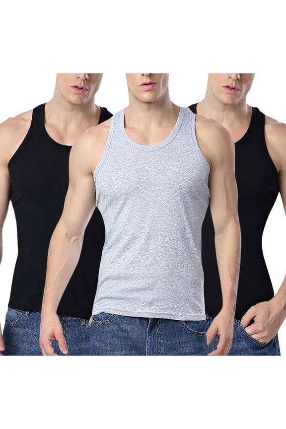 Mens Tank Top 3pc Round Neck Sleeveless Slim Fitted Tees Shirts Summer Casual Workout Tops