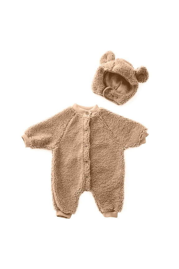 Newborn Baby Onesie Toddler Winter Fluff Jumpsuit Infant Clothes Button Cute Rompers with Hat