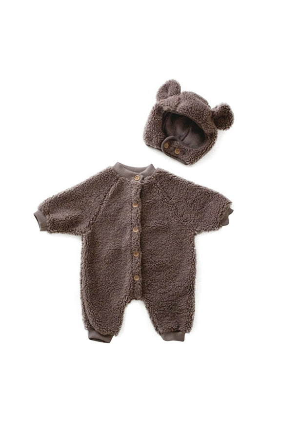 Newborn Baby Onesie Toddler Winter Fluff Jumpsuit Infant Clothes Button Cute Rompers with Hat