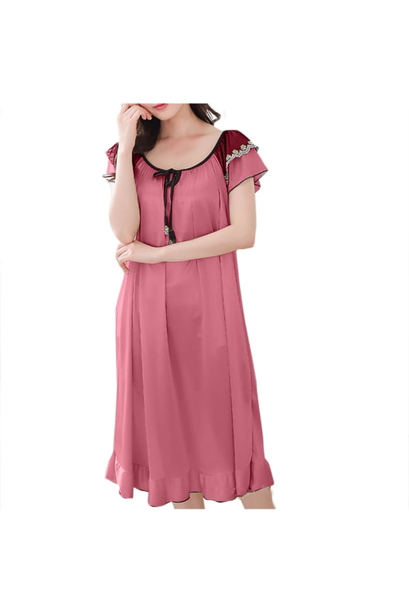Nightgowns for Women Lace Patchwork Short Sleeve Tie Front Loose Pajamas Dresses Ruffle Hem Casual Comfy House Dress