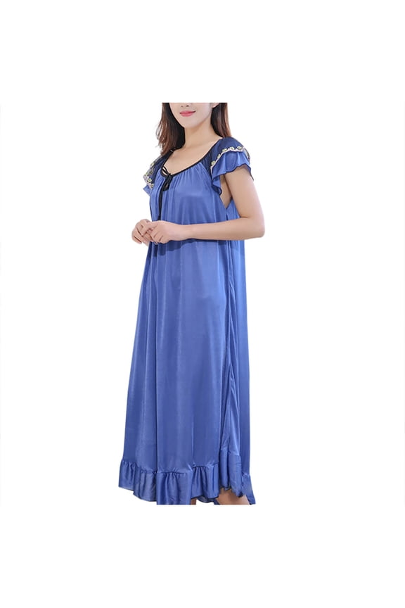 Nightgowns for Women Lace Patchwork Short Sleeve Tie Front Loose Pajamas Dresses Ruffle Hem Casual Comfy House Dress