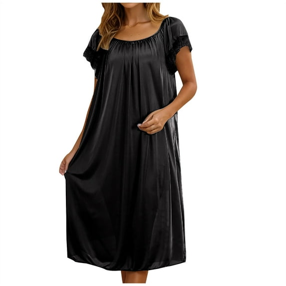 Chbgutlmr Nightgowns for Women Round Neck Ruched Short Sleeve Loose Solid Color Pajamas Dress Casual Loungewear Nightshirts