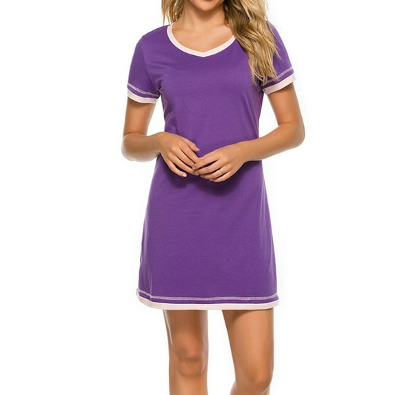 Chbgutlmr Nightgowns for Women Short Sleeve V Neck Color Block Comfy Sleepwear T Shirts Dress Loose Soft Loungewear Nighty