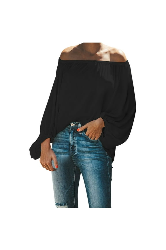 Off the Shoulder Tops for Women Ruched Long Sleeve Casual Loose Solid Color Trendy Blouses