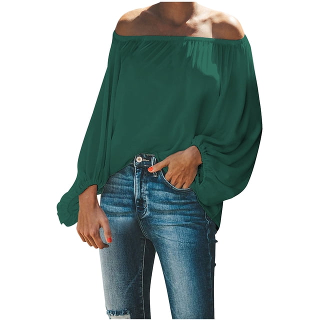 Chbgutlmr Off the Shoulder Tops for Women Ruched Long Sleeve Casual Loose Solid Color Trendy Blouses