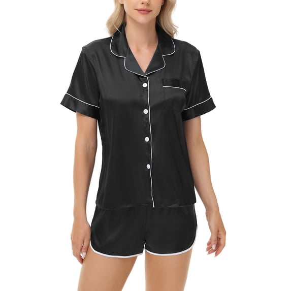 Chbgutlmr Pajama Sets Women Lapel Neck Button up Short Sleeve Shirts Side Slit Shorts Casual Satin 2 Piece Sleep Set