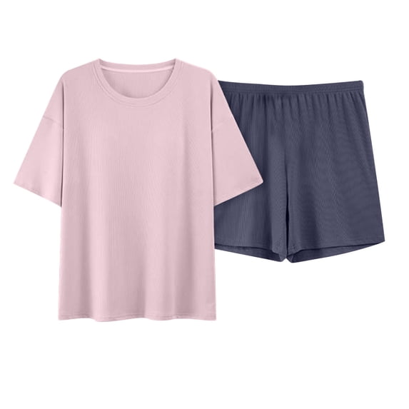 Chbgutlmr Pajama Sets Women Short Sleeve Crewneck Built in Bra Tshirts Drawstring Elastic Waist Shorts Color Block Comfy Set