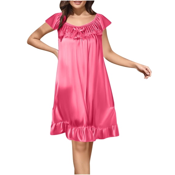 Chbgutlmr Pajamas for Women Cap Sleeve Loose Stain Nightgown Round Neck Ruched Lace Patchwork Mid Long Homewear Sleep Dress