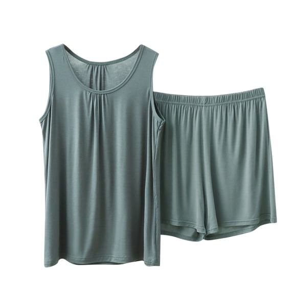 Chbgutlmr Pajamas for Women Set 2 Piece Plus Size Round Neck Ruched Tank Tops Wide Leg Shorts Loungewear Outfits