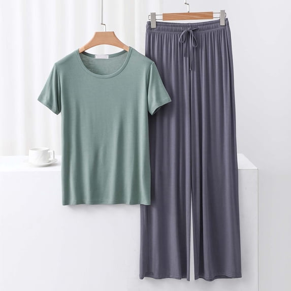 Chbgutlmr Pajamas for Women Set 2 Piece Round Neck Short Sleeve Tshirts Drawstring Elastic Waisted Pants Outfits