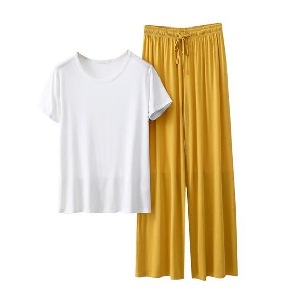 Chbgutlmr Pajamas for Women Set 2 Piece Round Neck Short Sleeve Tshirts Drawstring Elastic Waisted Pants Outfits
