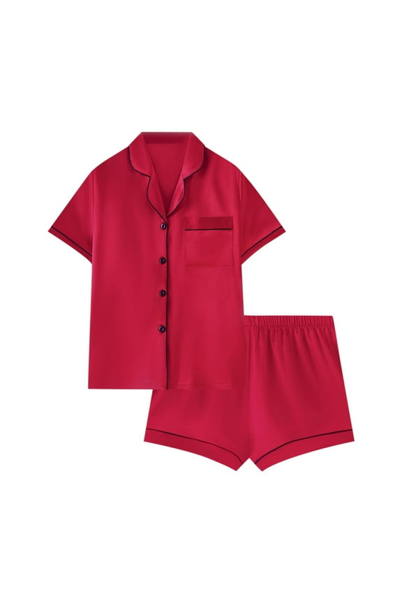 Pajamas for Women Set 2 Piece Satin Lapel Neck Short Sleeve Tops Elastic Waisted Shorts Outfits